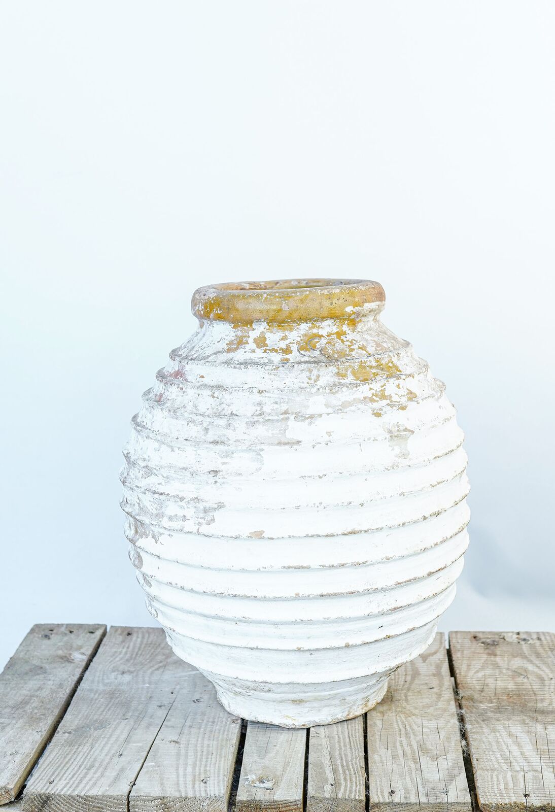 Ribbed Globe Jar — chalk-white ribbed round clay jar standing against a pale wall