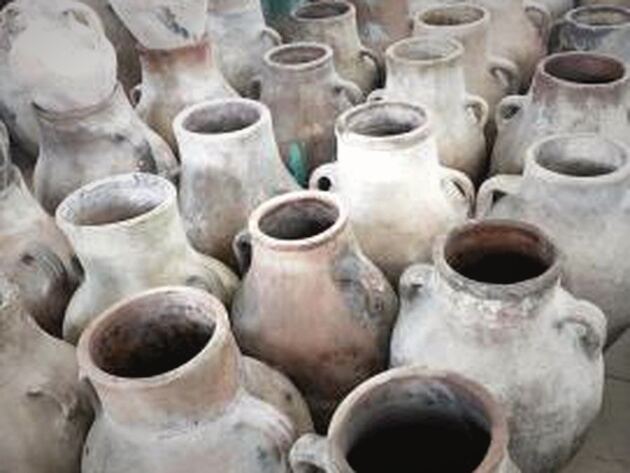 Hatay Amphora — cluster of cream and grey two-handled amphorae with wide mouths