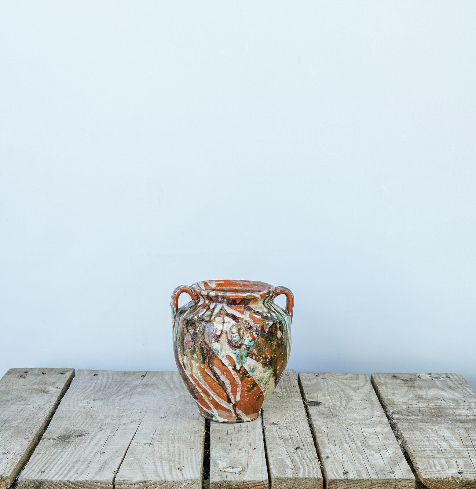 Kınık Splash-Glazed Jar — two-handled jar with orange and white splash glaze