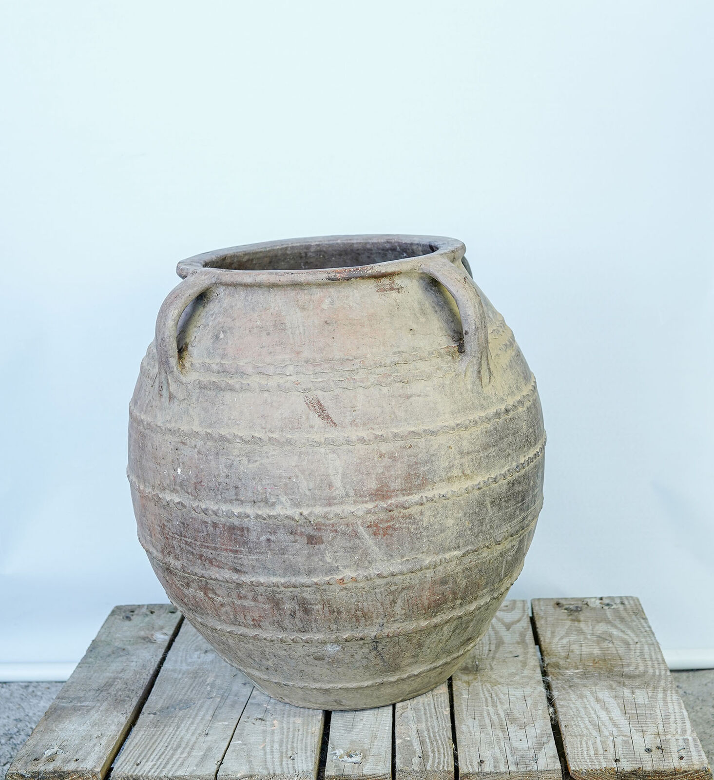 Eastern Four-Handled Jar, Extra Large — large round clay jar with four handles and ribbed bands