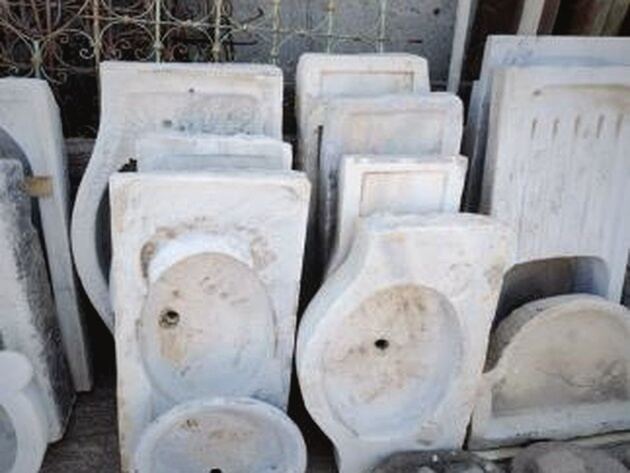 Marble Sink Basin — white marble wall sinks with carved basins standing upright