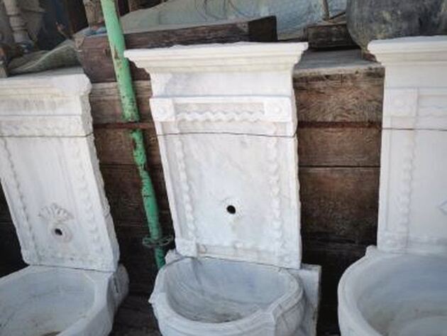 Marble Fountain Set — white marble wall fountains with carved crests and basins