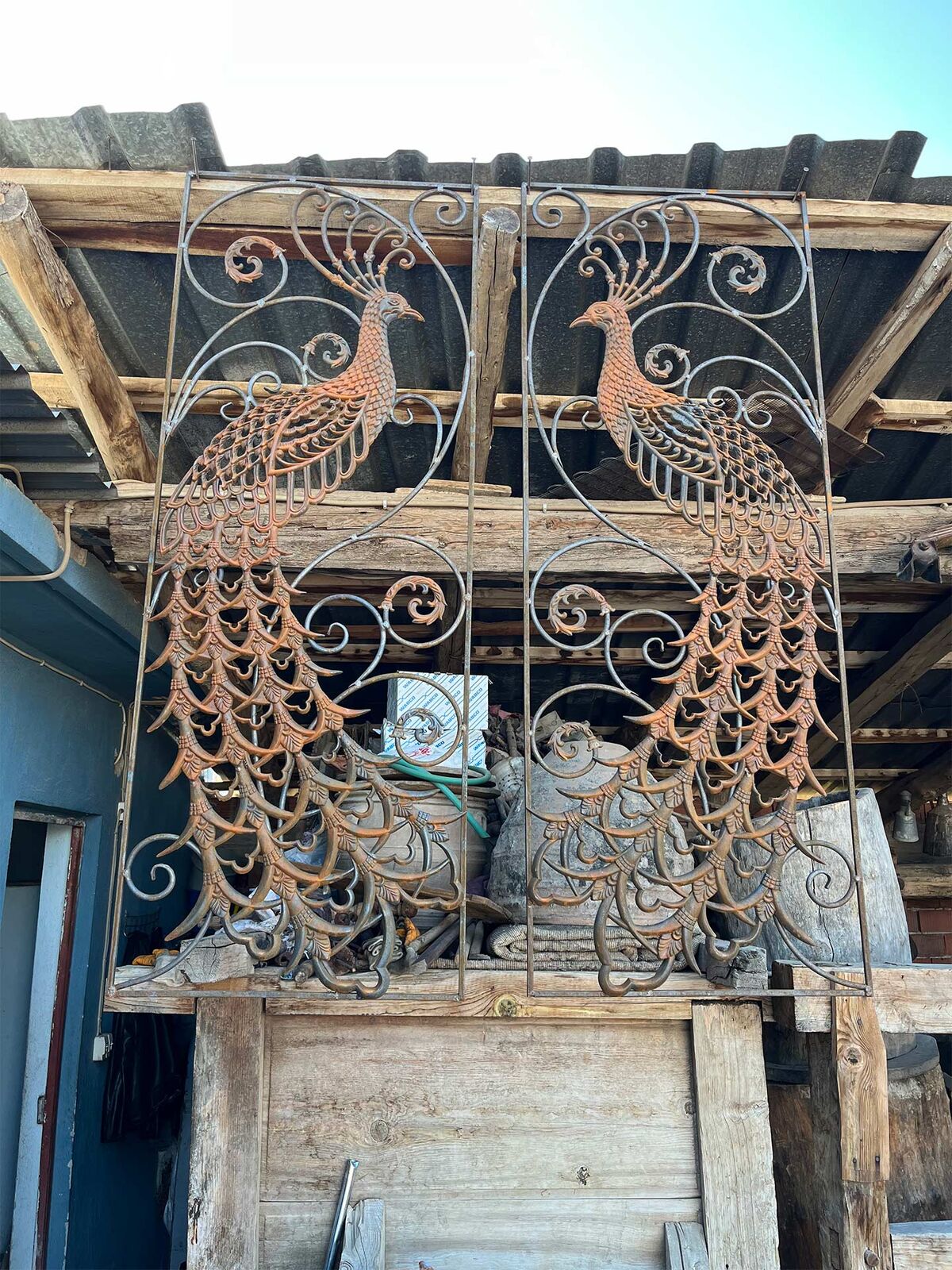 Wrought-Iron Peacock Panel — pair of wrought-iron panels with two peacocks facing each other