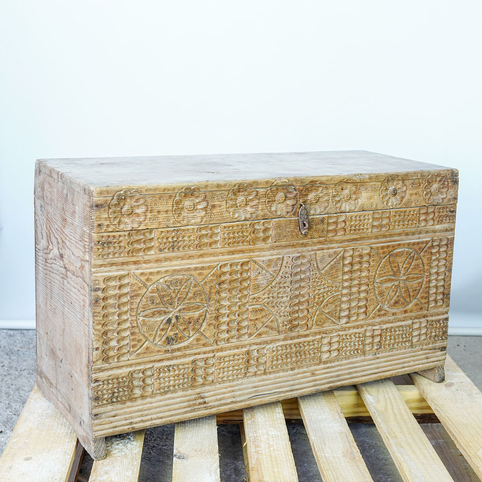 Wooden Chest, Carved and Painted — wooden chest carved all over with geometric and rosette patterns