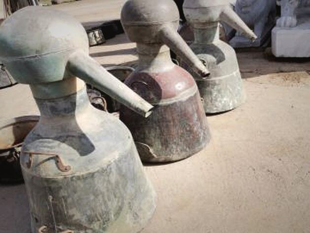 Copper Rosewater Still (İmbik) — verdigris copper stills with long curved spouts