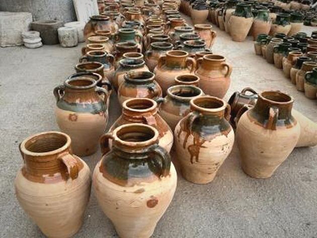 Konya Glazed Jar, Amber — cream clay jars with amber and green glaze drips, loop handles
