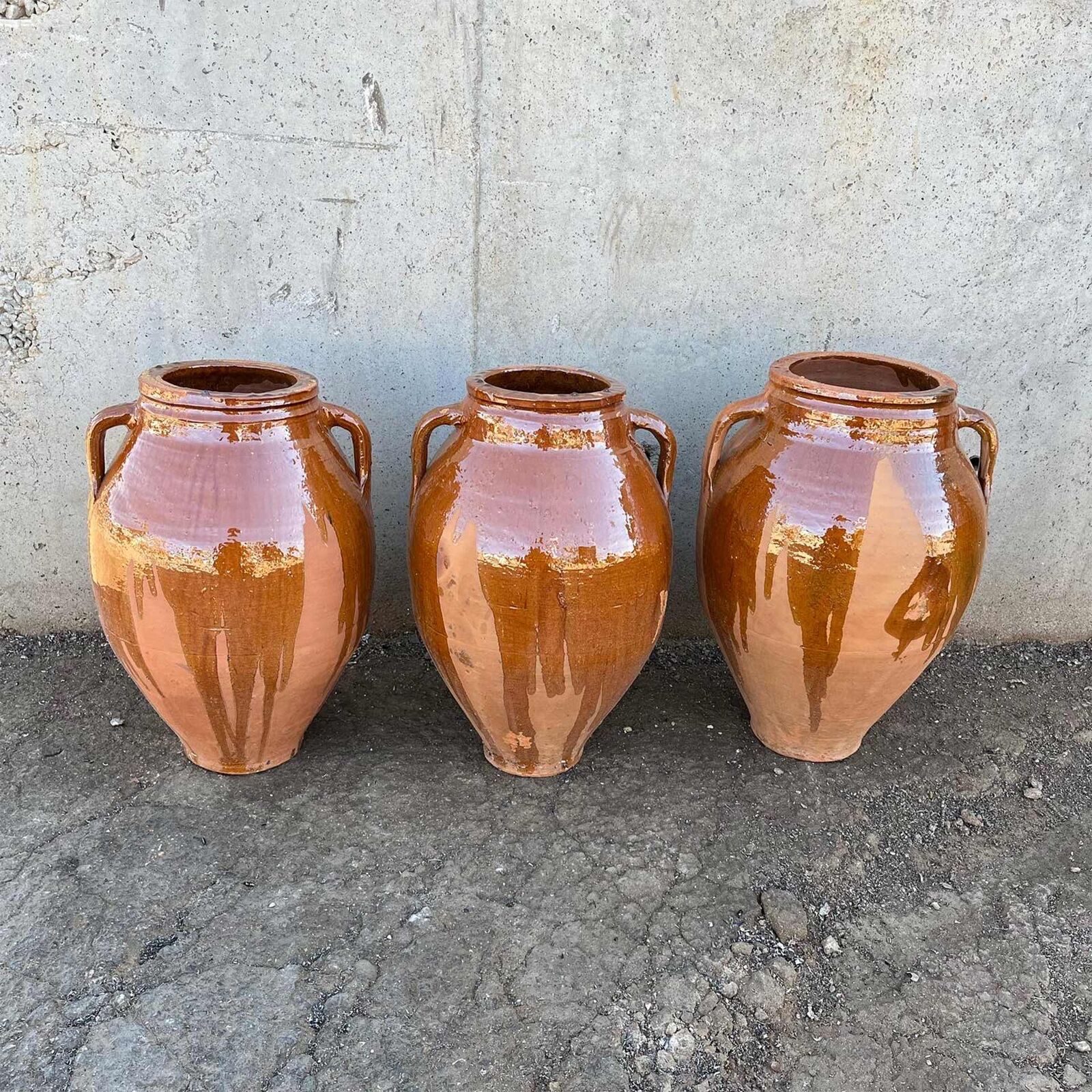 Two-Handled Glazed Jar — three two-handled jars with a glossy amber-brown glaze