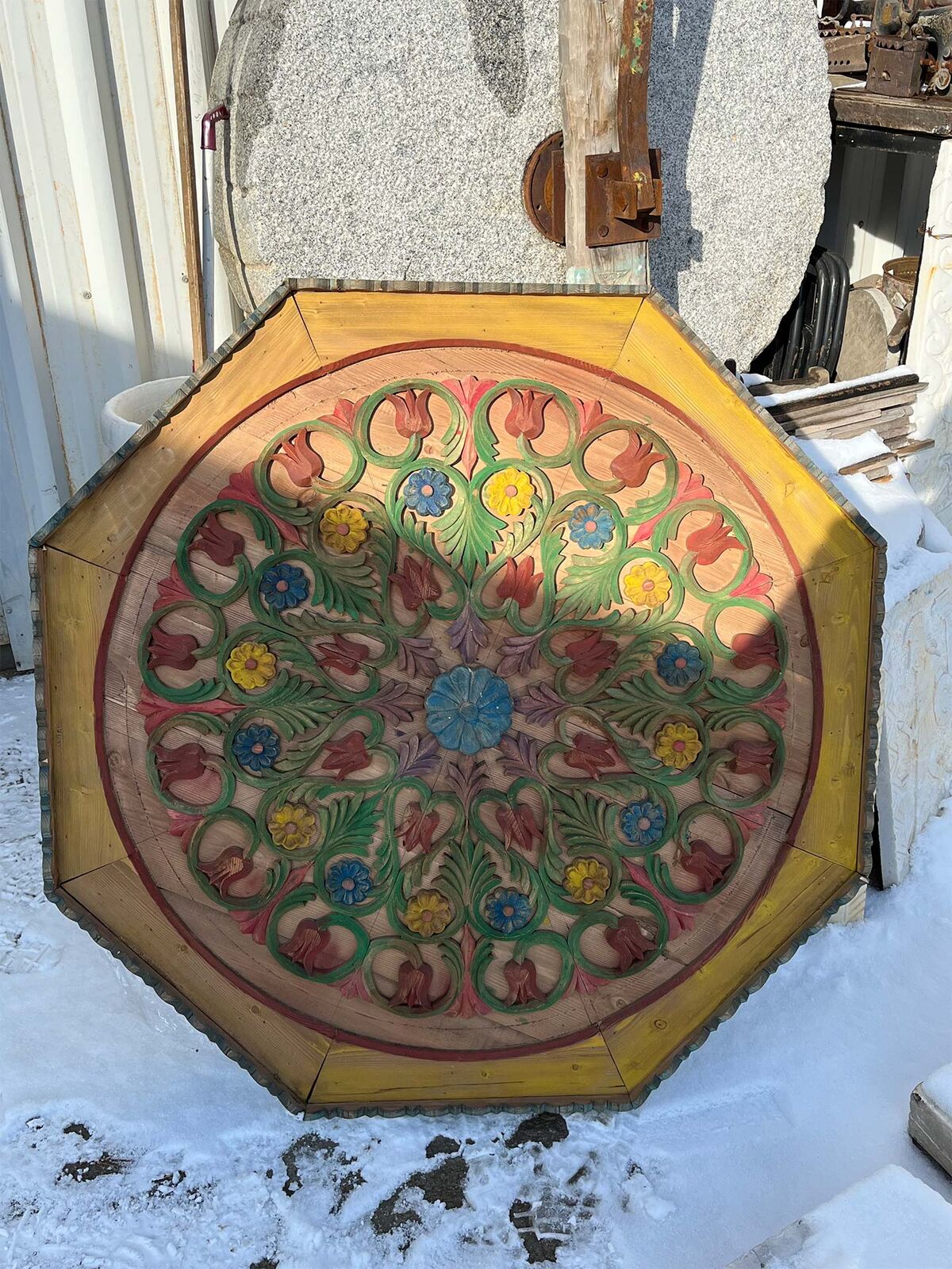 Painted Octagonal Ceiling Panel — octagonal wooden panel painted with bright floral patterns